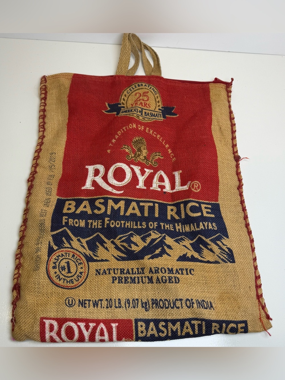Royal Basmati Rice Burlap Jute Empty 20 Lb Bag Sack Zipper Red Handles Crafts